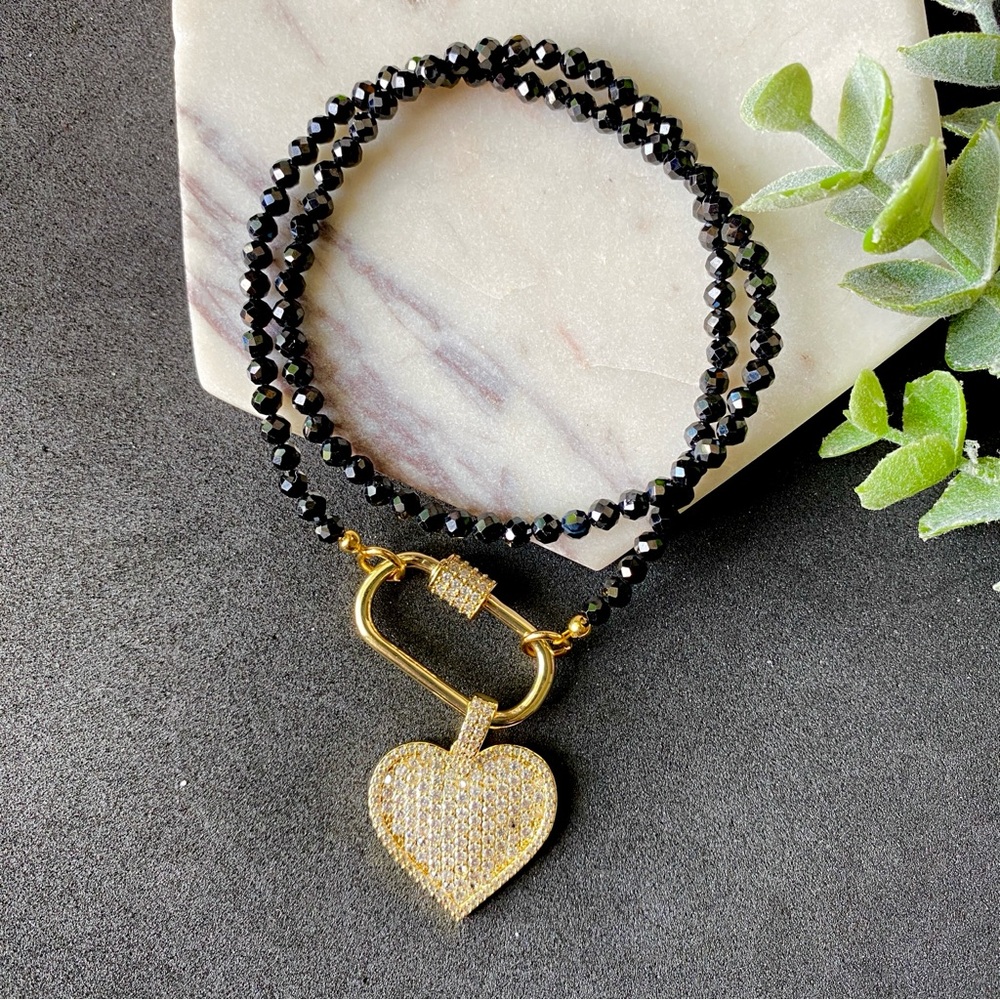 Heart Necklace CZ Gold Pendant and Black Tourmaline Choker Carabiner front Clasp